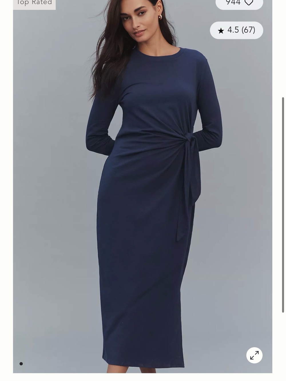 Tie-Waist Long Sleeve Navy Midi Dress